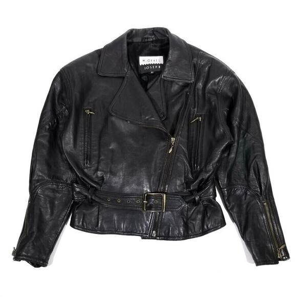 Vintage 80s Belted Cropped Café Racer Leather Moto Jacket 90s Grunge XS Black - Picture 1 of 16